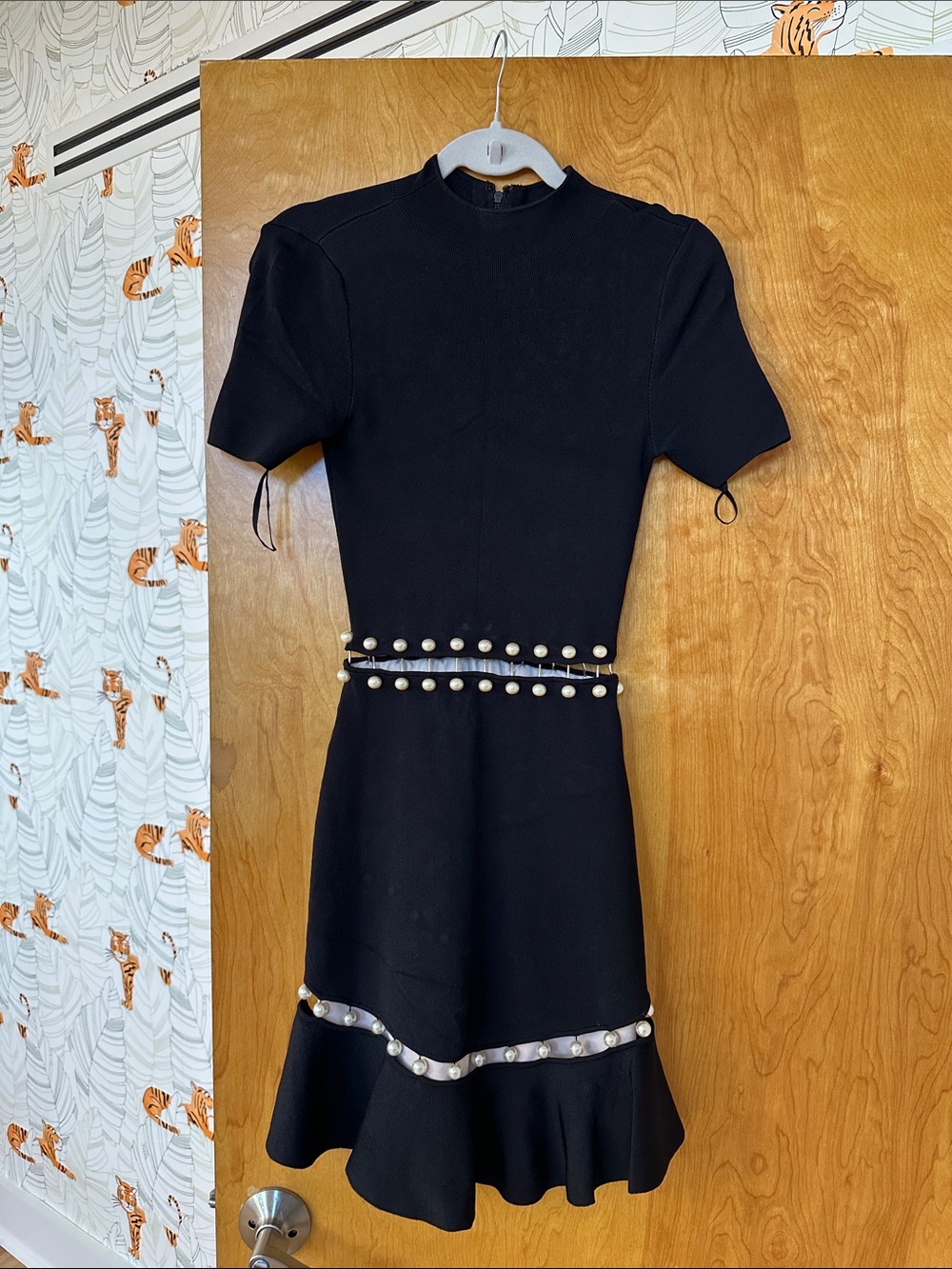 Alice  + Olivia Women’s Black Midi Dress with Pearl Trim